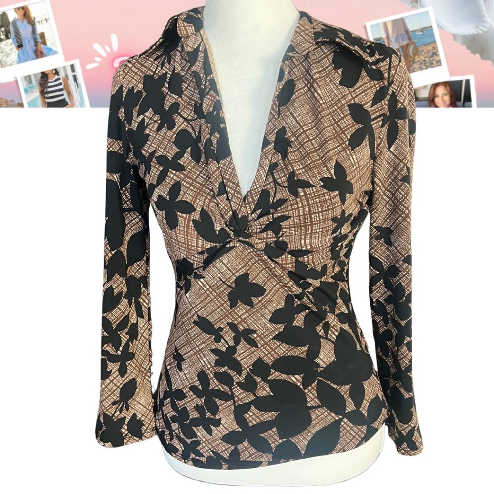 BCBGMaxAzria Brown Black Floral Twist Front Faux Wrap Blouse S